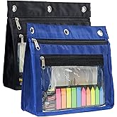 YoeeJob 2 Pack 1 Inch Expandable Zipper Pencil Pouches with Clear Window for 3 Ring Binder, Suitable for School & Office (Black+Blue)