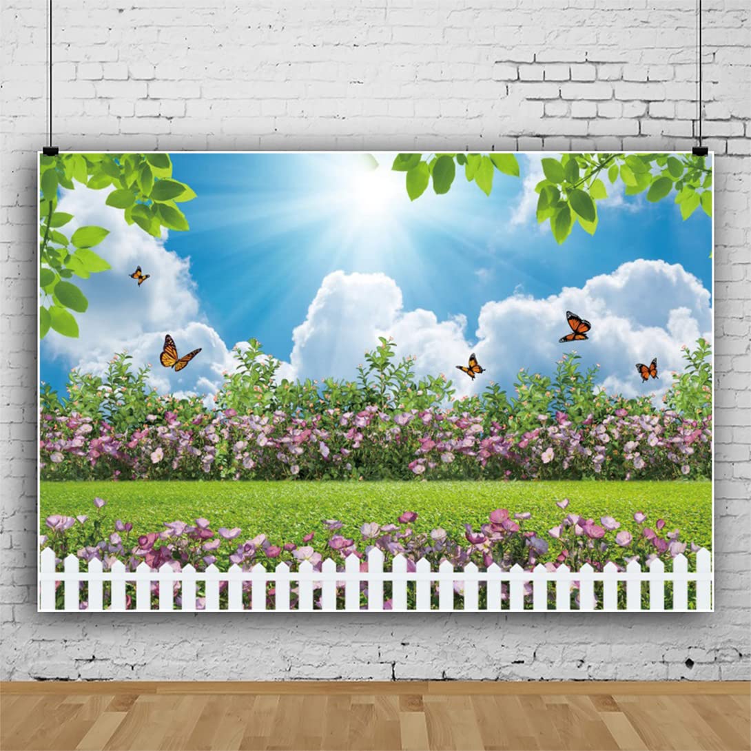 Bovlleetd 10x6.5ft Flower Butterfly Photography Background Spring Scene Backdrop Green Grass Garden Background Blue Sky White Clouds Sunshine Decorative Banner