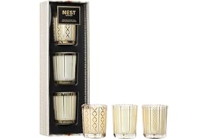 NEST New York Festive Scented Votive Christmas Candle Trio - 2 oz Each - Includes Holiday, Birchwood Pine, Crystallized Ginger & Vanilla Bean - Up to 28-Hour Burn Time - Reusable Glass Vessel