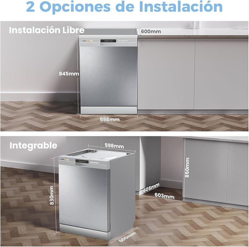 COMFEE' CDWPF1201PS Máquina de lavar louça de instalação gratuita, 60 cm, 12 configurações de lugar, início atrasado, função de meia carga, cestas flexíveis, aço inoxidável, 49 dB, controle de botão