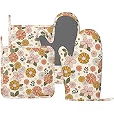 BOKEKANG Retro 70s Style Flower Oven Mitts and Pot Holders Set of 4 Silicone Retro Boho Groovy Flower Kitchen Mitten Gloves and Non-Slip Potholders Set Heat Resistant Oven Gloves Hot Holders for BBQ