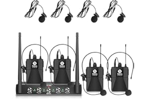 D Debra Pro UHF 4 Channel Wireless Microphone System with Cordless Handheld Lavalier Headset Mics, Metal Receiver, Ideal for 