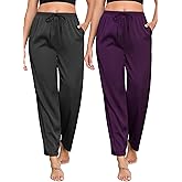 Veseacky Women's 2 Pack Satin Pajama Pants Silky Soft Lounge Pants with Drawstring Waist, Sleep Bottoms for Women(S-XXL)