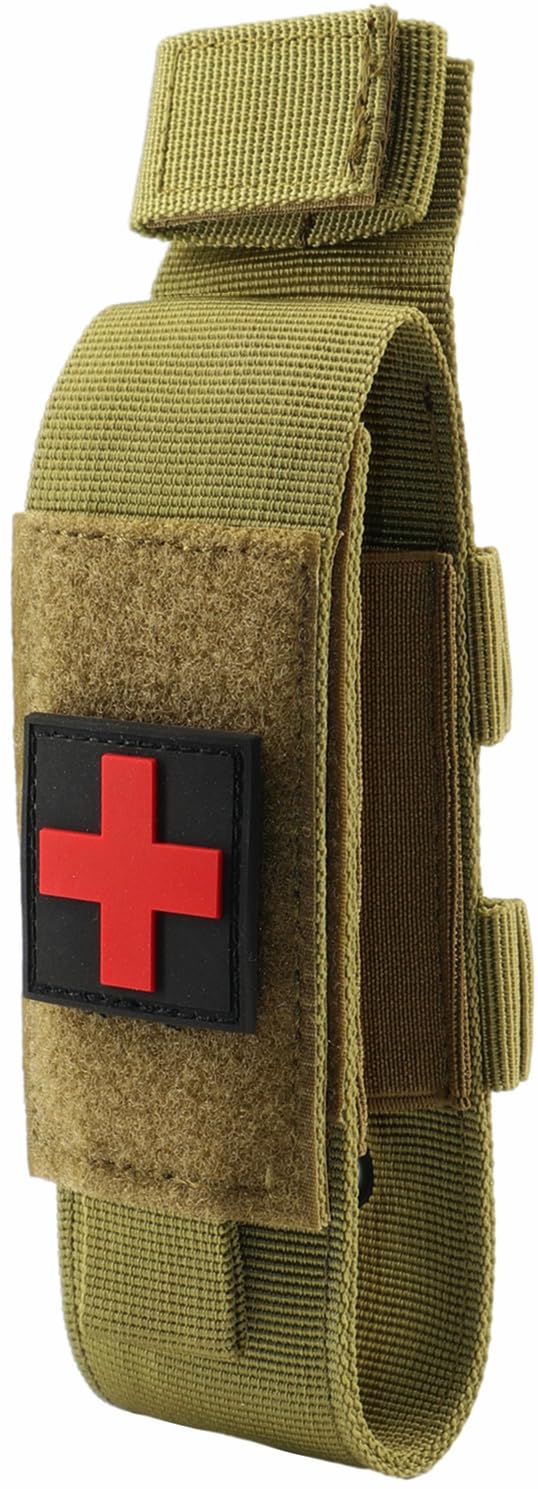 YONCONO Tactical Molle Tourniquet Holder, Portable TQ Military First Aid Equipment Case & Trauma Medical Shear Pouch (Tan)