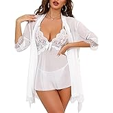 Donnalla Women's 3 Piece Babydoll Lingerie Set with Kimono Robe & G-String, Lace Chemise & Mesh Nightgown