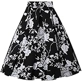 OBBUE Dresstore Vintage Pleated Skirt Floral A-line Printed Midi Skirts with Pockets