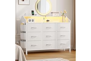 lulive White Dresser with LED Light and Power Outlets, 2-Tier Shelf Fabric Chests of Drawers for Bedroom, Entryway, Closet (White)