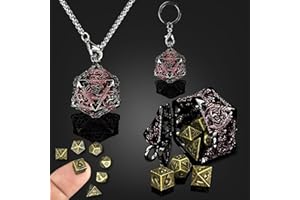 HAOMEJA Mini DND Dice Metal 7pcs Set Tiny Small Polyhedral D&D Dice Set with Hollow D20 Necklace & Keychain Portable & Dragon Eye Bag Apply to Dungeons and Dragons Dice (Red & Mini Bronze)