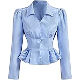 MakeMeChic Women's Striped V Neck Button Down Shirt Long Sleeve Ruffle Business Blouse Tops