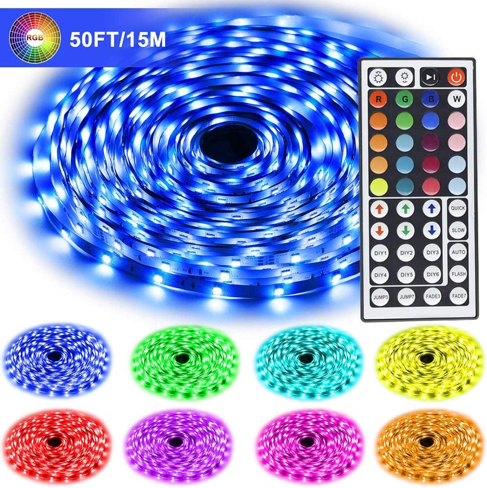EVISWIY LED Strip Lights 50 ft Long with Remote 44 Key IR 24V Power Supply SMD Color Change 5050 RGB Flexible LED Tape Lights Lighting for Bedroom Ceiling Room Christmas Under Cabinet Bar