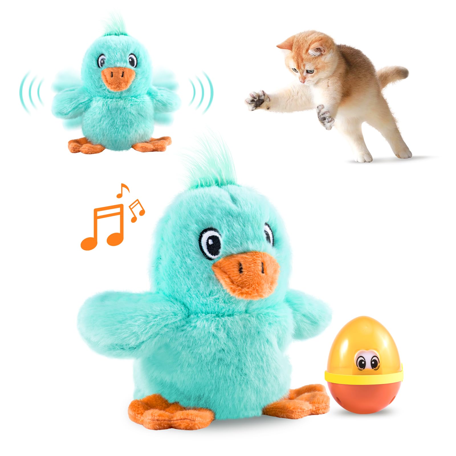 Migipaws Interactive Plush Cat Toy with Catnip, Automatic Chirping and Flapping, Touch Activated, Rechargeable Feeder Toy (Quaki)