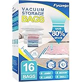Fygrip 16 Combo Vacuum Storage Bags with Hand Pump, 4 Jumbo + 4 Large + 4 Medium + 4 Small Plastic Packaging Bags, 80% Space Saver Vacuum Seal Bags for Clothing, Travel Lugggage, Blankets, Comforters