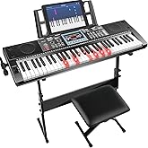 VEIYOUMO 61 Key Keyboard Piano for Beginners w/Stand Bench, Dual Power Mode, Lighted Keys in Follow Mode, 70 Demos, 200 Tones/Rhythms, Pitch Bend Metronome Sustain Sync Chord Dual Key Key Drum Program