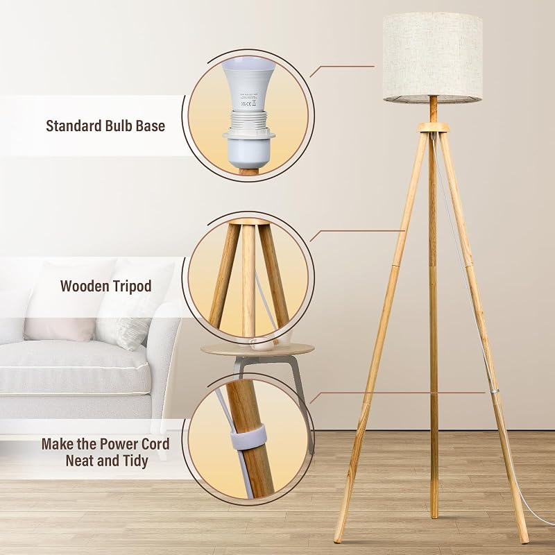 Stehlampe Wohnzimmer, Standleuchte LED Dimmbar, 3 Farbtemperatur Holz Stehleuchte Halbe Stunde und Eine Stunde Timerfunktion mit Lampenschirm Fußschalter für Wohnzimmer Schlafzimmer Büro