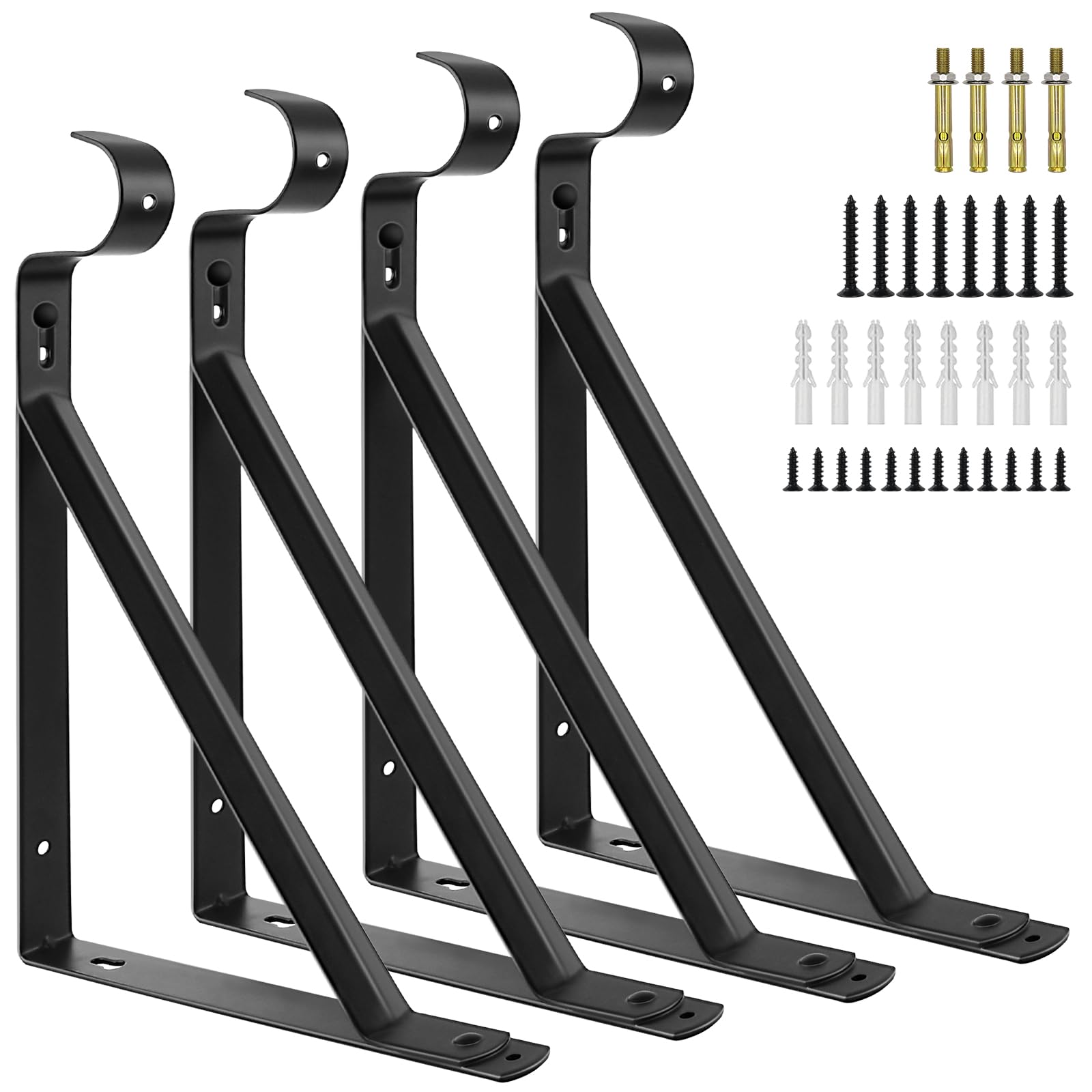 Closet Rod Bracket, Black Closet Shelf Bracket with Pole Holder, 10 X 11 Inch /28 x 26CM Wall Mounted Rod and Shelves Bracket Hook, Heavy Duty Closet Support Hanging Rod Holder for Storage and Display