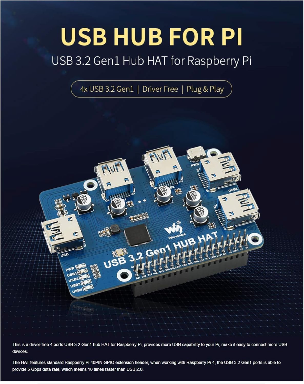 USB 3.2 Gen1 HUB HAT Purpose-made for Raspberry Pi 4,Compatible with Raspberry Pi 3 B+ 3 B 2B Zero Zero W Zero WH,4x USB 3.2 Gen1 Ports,Compatible with USB 3.0/2.0/1.1,Driver-Free - Image 3