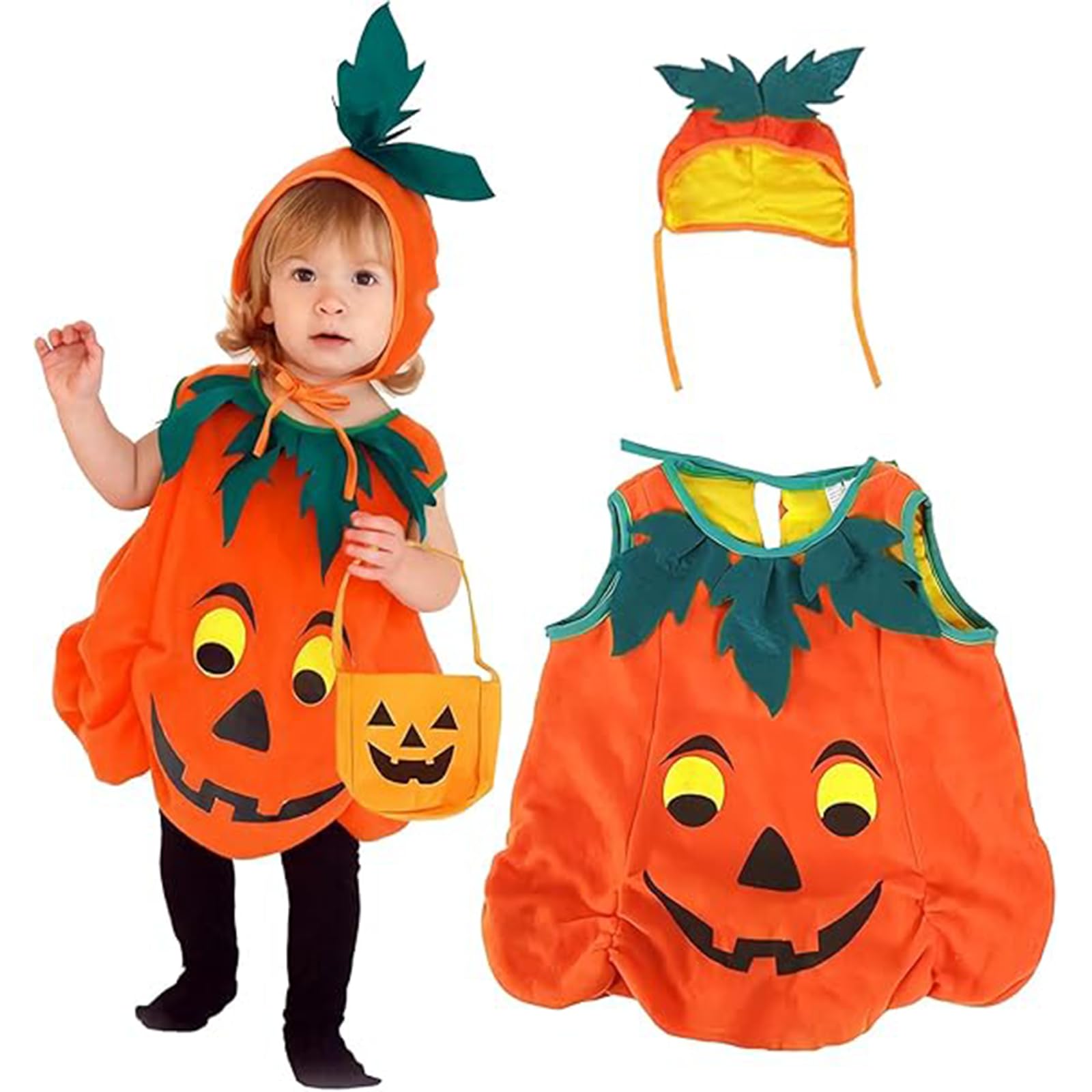 Ungfu Mall Halloween Pumpkin Costume for Kids, Baby Halloween Outfit for Toddlers Babies Boys or Girls Fancy Dress up and Cosplay, with Pumpkin Handbag (S), Orange