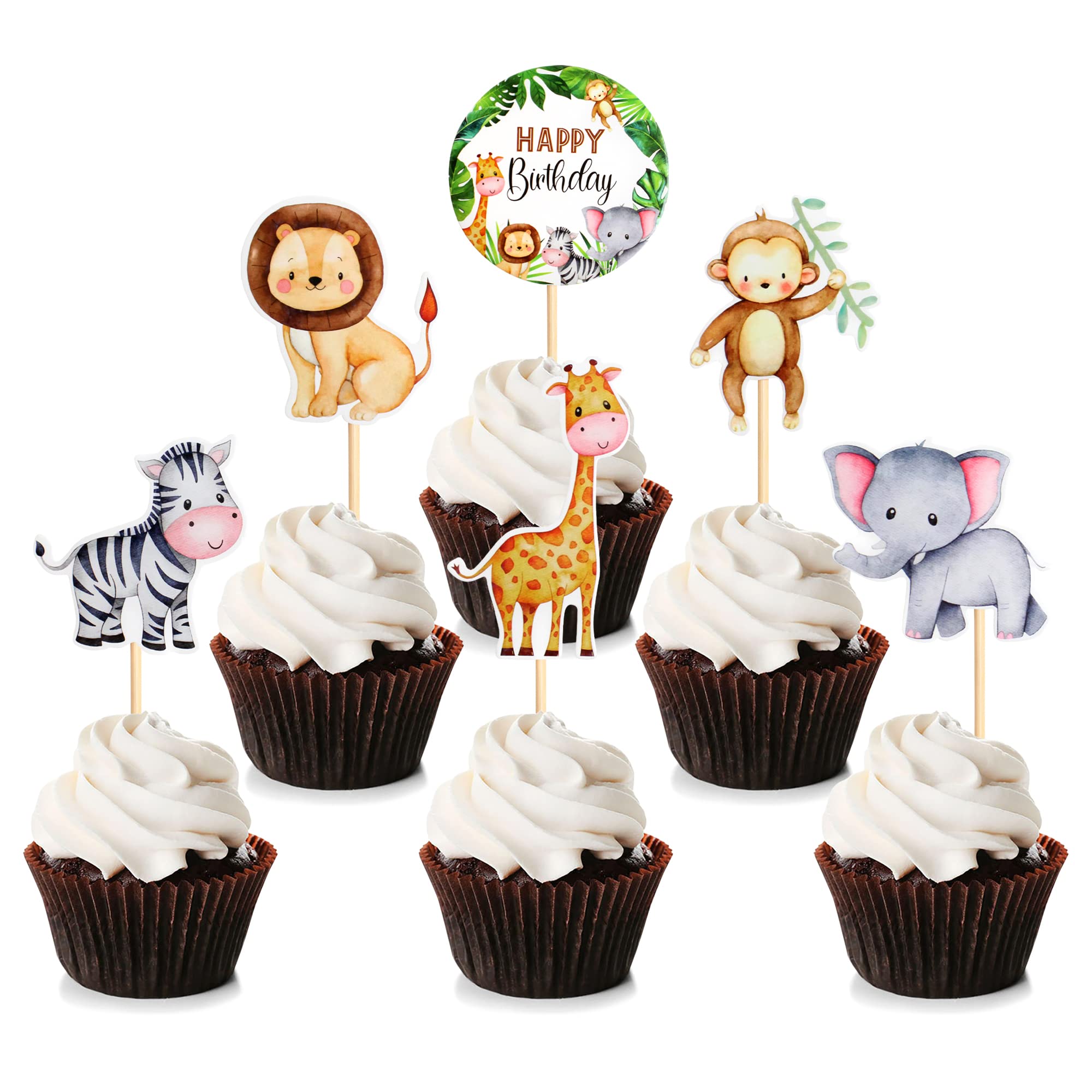 Blumomon 24Pcs Jungle Safari Animal Cupcake Toppers Happy Birthday Cake Decor for kids Wild Jungle Animal Theme Party Supplies Celebrating Party Events Baby Shower Party Supplies