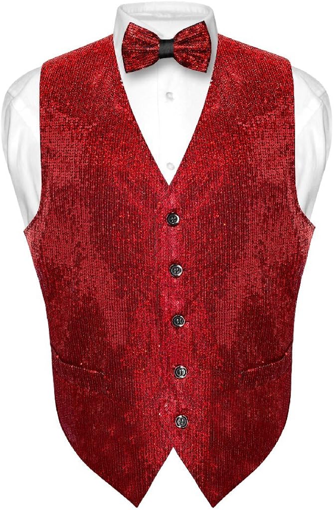 Men's SEQUIN Design Dress Vest & Bow Tie RED Color BOWTie Set for Suit