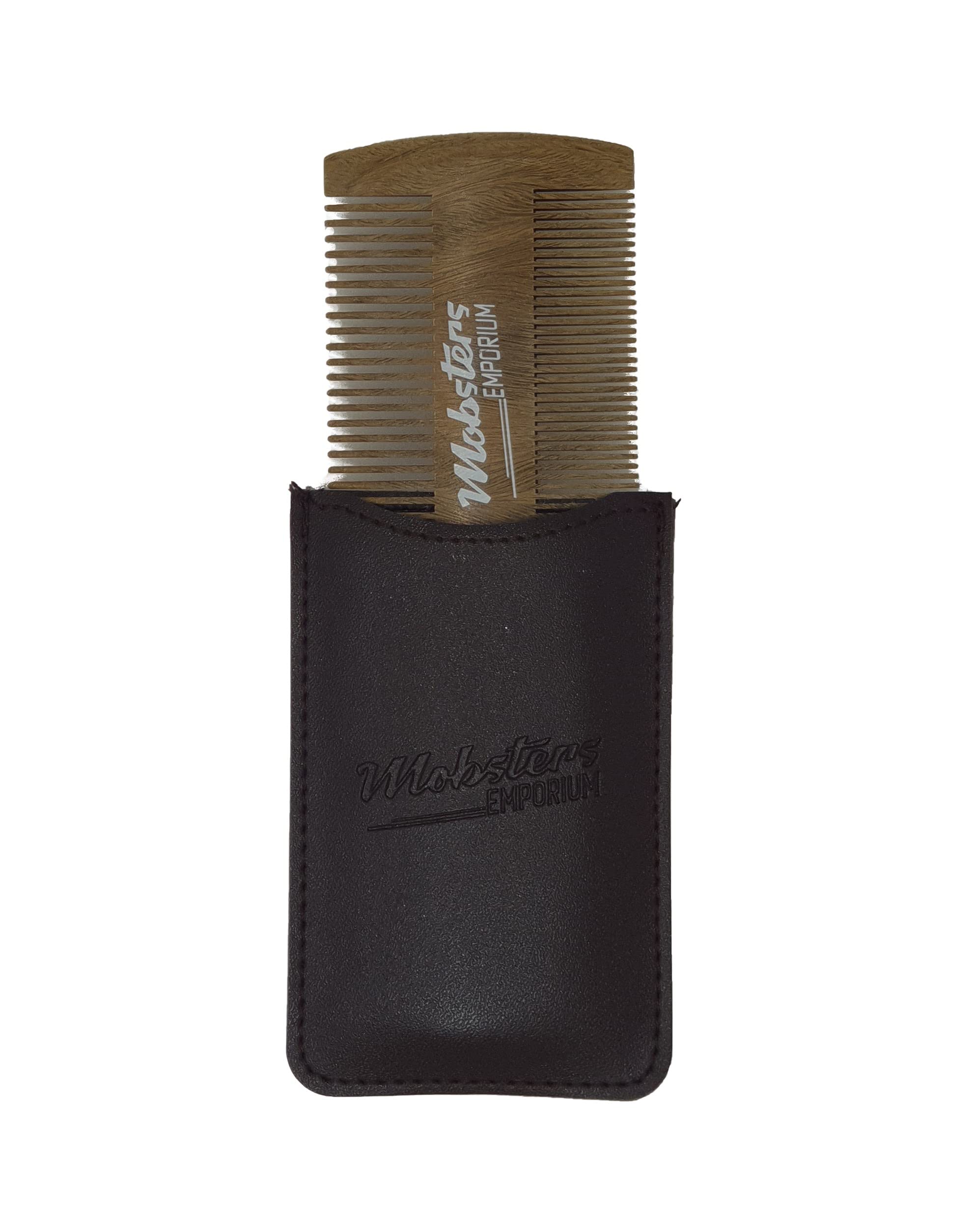 Mobsters Emporium Beard Comb -, Pocket Sized Beard Combs for Men - Natural Wood Labour Comb with Sleek Case - Gift for Men - Dual Sized Mens Styling Comb Green Sandalwood