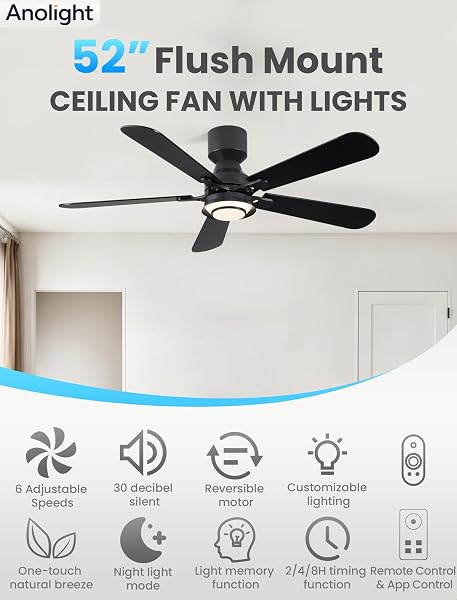 ANOLIGHT 52 INCH CEILING FAN WITH LIGHT, FLUSH MOUNT LOW PROFILE, REMOTE & APP CONTROL, QUIET 6-SPEED REVERSIBLE MOTOR, DIMMABLE LED WITH 3CCT, CEILING FAN FOR BEDROOM, LIVING ROOM, APARTMENT, BLACK