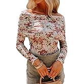 Essrite Womens Off Shoulder Long Sleeve Floral Mesh Tops Slim Fit Shirts Tops Fall Outfits 2026