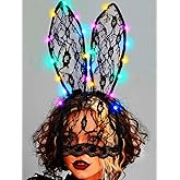 Catery Black Lace Bunny Ears Light Up Rabbit Ears Headband Bunny Mask Halloween Accessories for Women