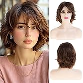 Wiwige Short Brown Fluffy Wig with Bangs Curl Layered Messy Natural Layered Synthetic Hair Cosplay Costume Wig for Women