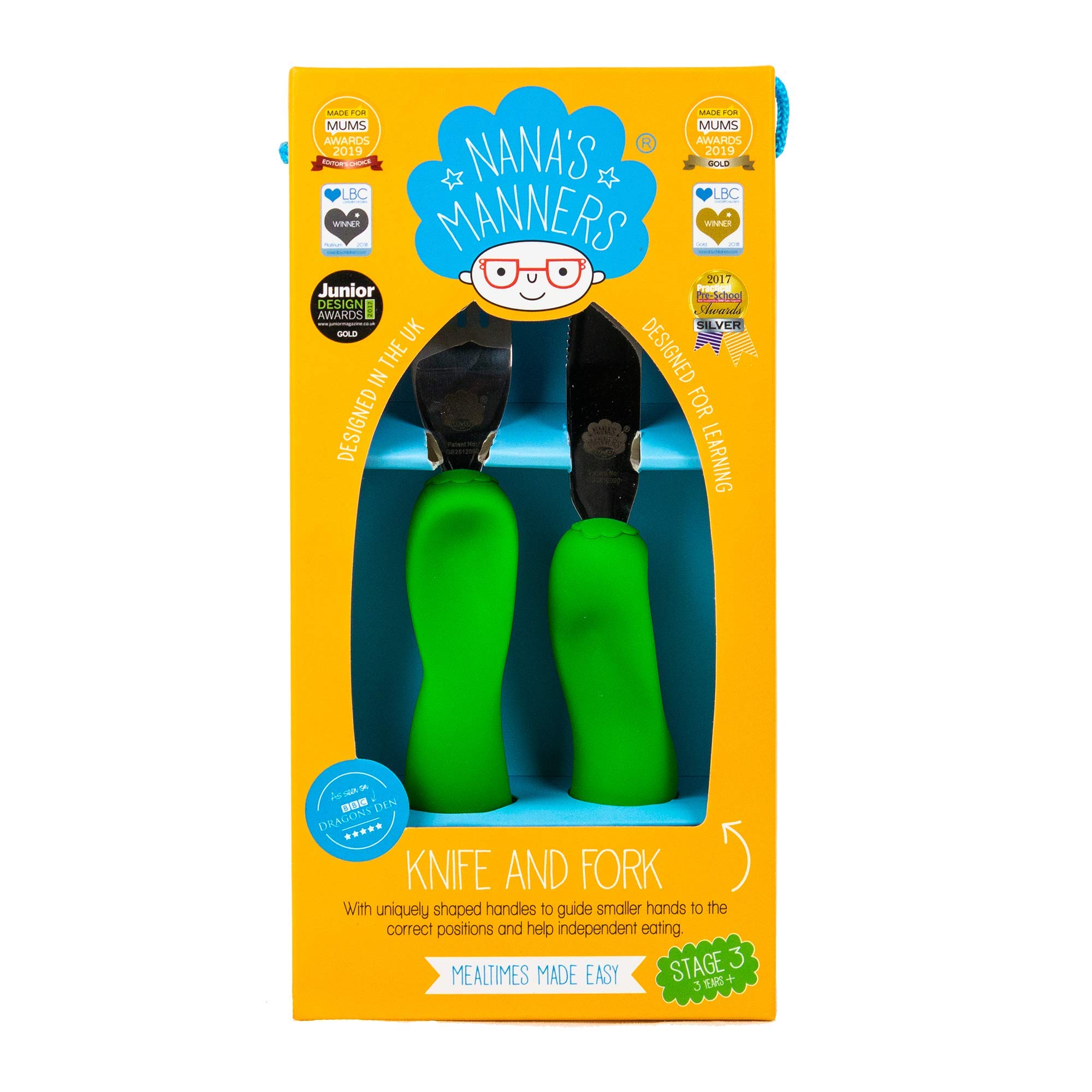 Nana’s Manners - Stage 3 Cutlery Set, Childrens Knife & Fork Set, Self-Feeding Toddler Cutlery, Kids Cutlery Set for Ages 3 & Up, Easy-to-Grip Silicone Handles, Non-BPA, Borneo Green