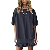 Yanekop Skirt Sets Women 2 Piece Outfits Two Piece Lounge Set Travel Vacation Outfits Oversized Tee Shirts Mini Skirt