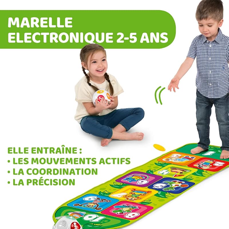 Marelle de la Jungle Tapis de Jeu Musical pour Bébés et Enfants, Jouet Electronique et Interactif avec Sons et Lumières, Jeu de la Marelle, 2 Modes de Jeu, 150 cm - Jouet Enfant de 2 à 5 Ans
