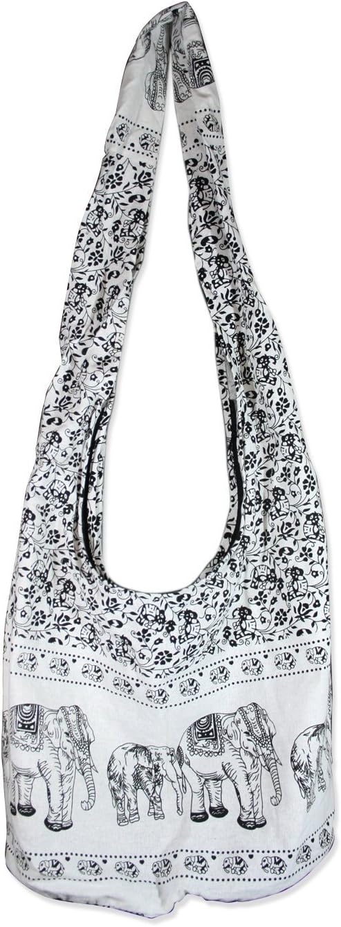 Hippie Elephant Sling Crossbody Bag Shoulder Bag Purse Thai Top Zip Handmade New Color White 01
