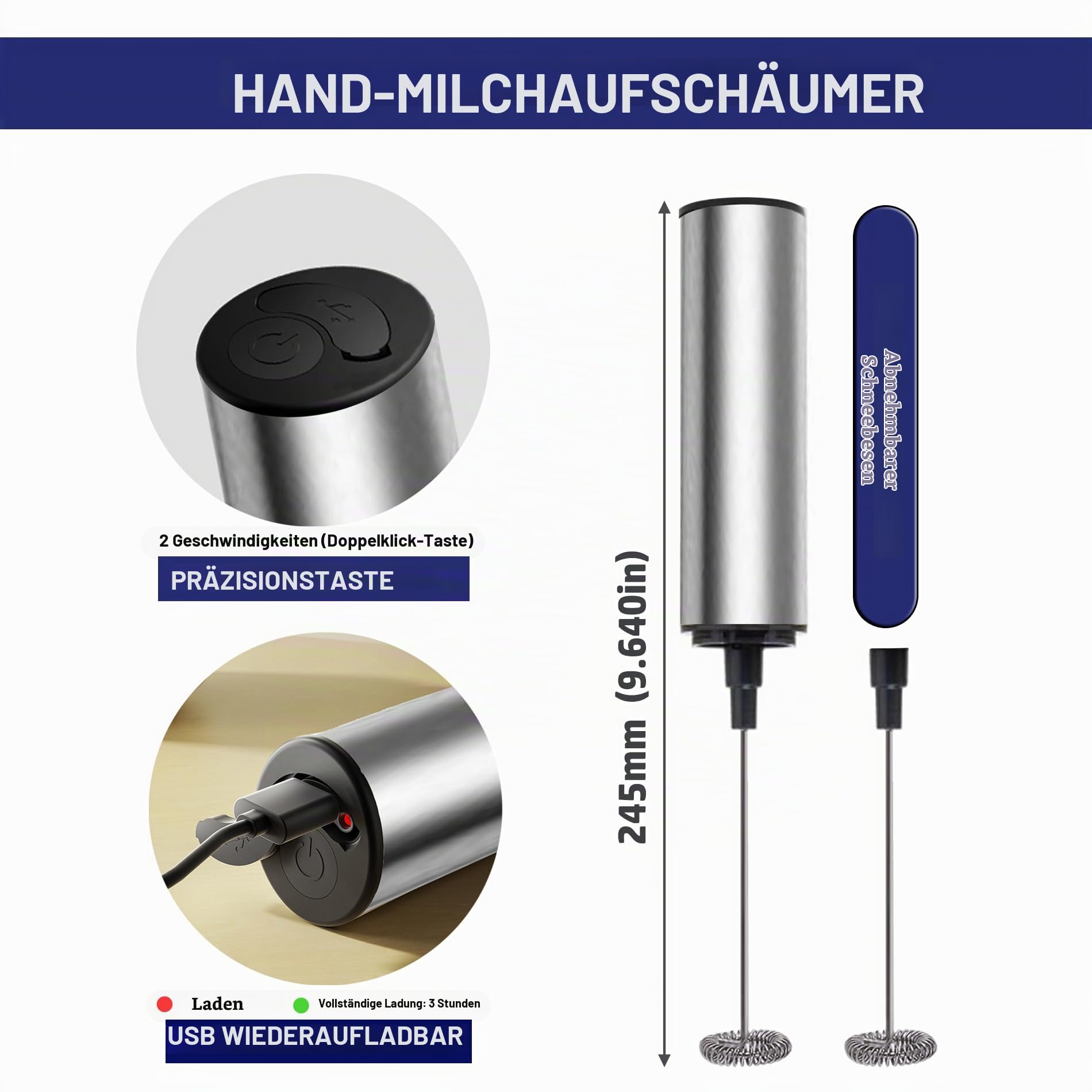 Wiederaufladbarer Hand-Milchaufschäumer Hand-Kaffeeaufschäumer mit USB 3