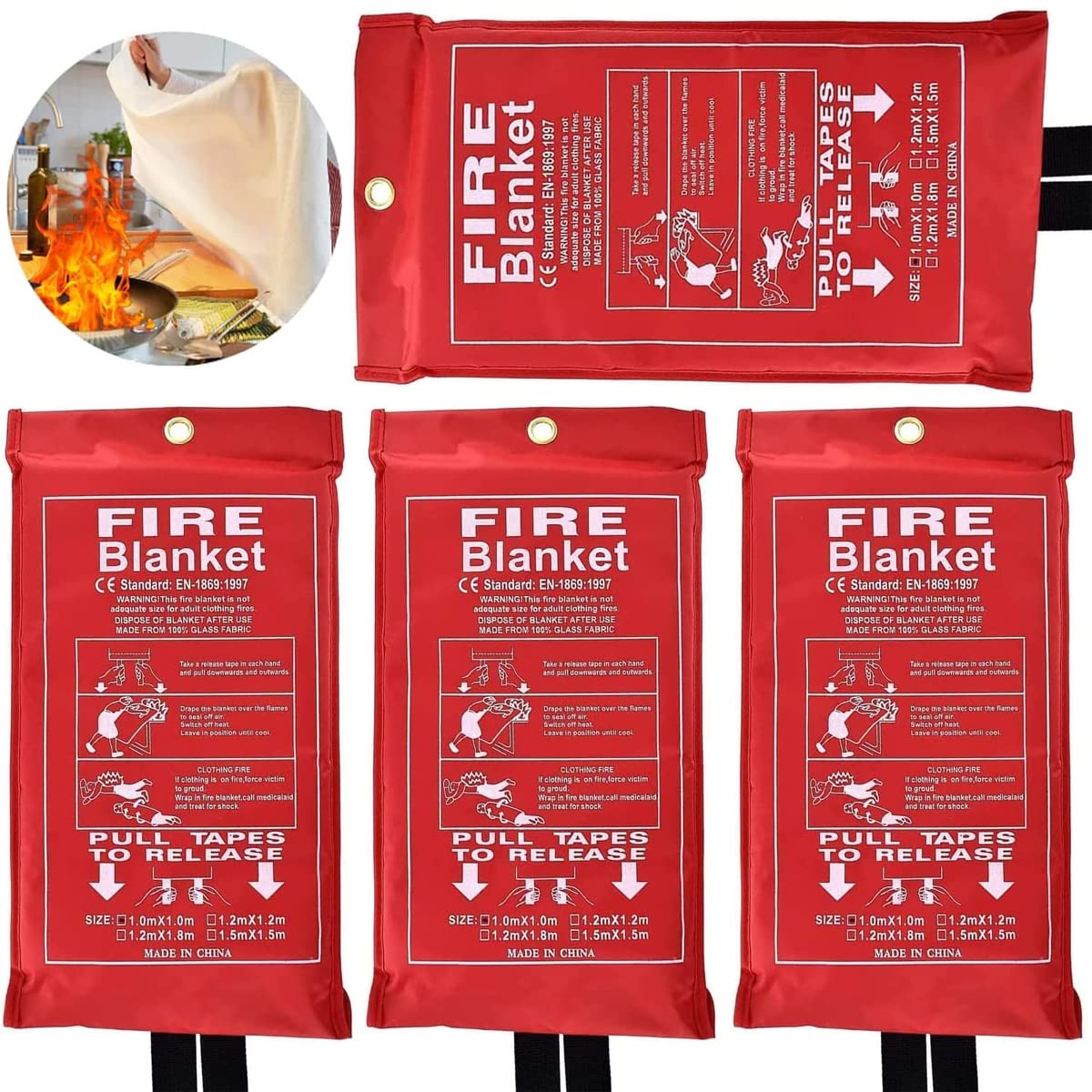 Emergency Fire Blankets for Home, Fiberglass Fire Resistant 1m x 1m Blanket Soft Case, Kitchen Fire Blanket, Fire Safety Blanket Quick Unfolding With Loops for Home, Office (Pack of 4)