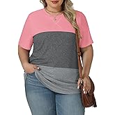 VISLILY Womens-Plus-Size-Summer-Tops Trendy Color Block T Shirts Casual Crewneck Cute Short Sleeve Blouses Tunics Tees XL-5XL