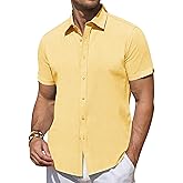 DEMEANOR Linen Shirts for Men Short Sleeve Button Down Shirts Summer Beach Casual Linen Button Up Shirt Vacation Wedding