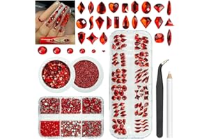 QIIPII 4 Boxes Red Nail Rhinestones Glitters Kit, 24 Shapes K9 Glass Ruby Red Gems Flatback Round Gems Stones Diamonds Crystals Siam Red Nail Art Supplies Nail Charms for Acrylic Nails Faces Body DIY Crafts