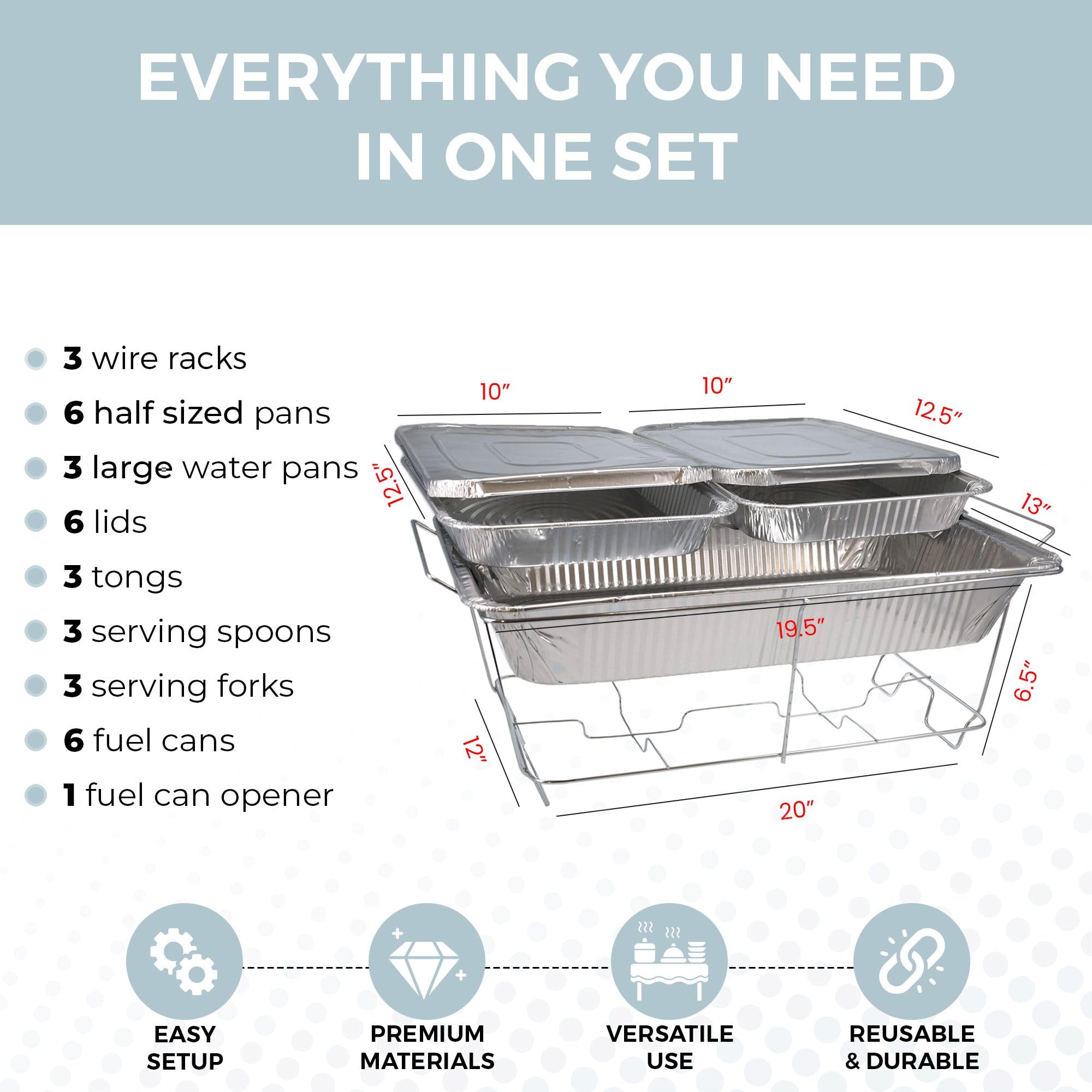 Large Full Size 33-Pcs Disposable Chaffing Buffet with-Covers, Utensils, Fuel Cans – Premium Chafing Dish Set for Events, Parties, Catering