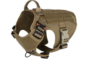 ICEFANG GN1 Reflective Tactical Dog Harness Large Sized, MOLLE K9 Dog Vest with 2X Metal Buckles,Adjustable Pet Harness, No Pulling Front Leash Clip (Large (Pack of 1), Brown)