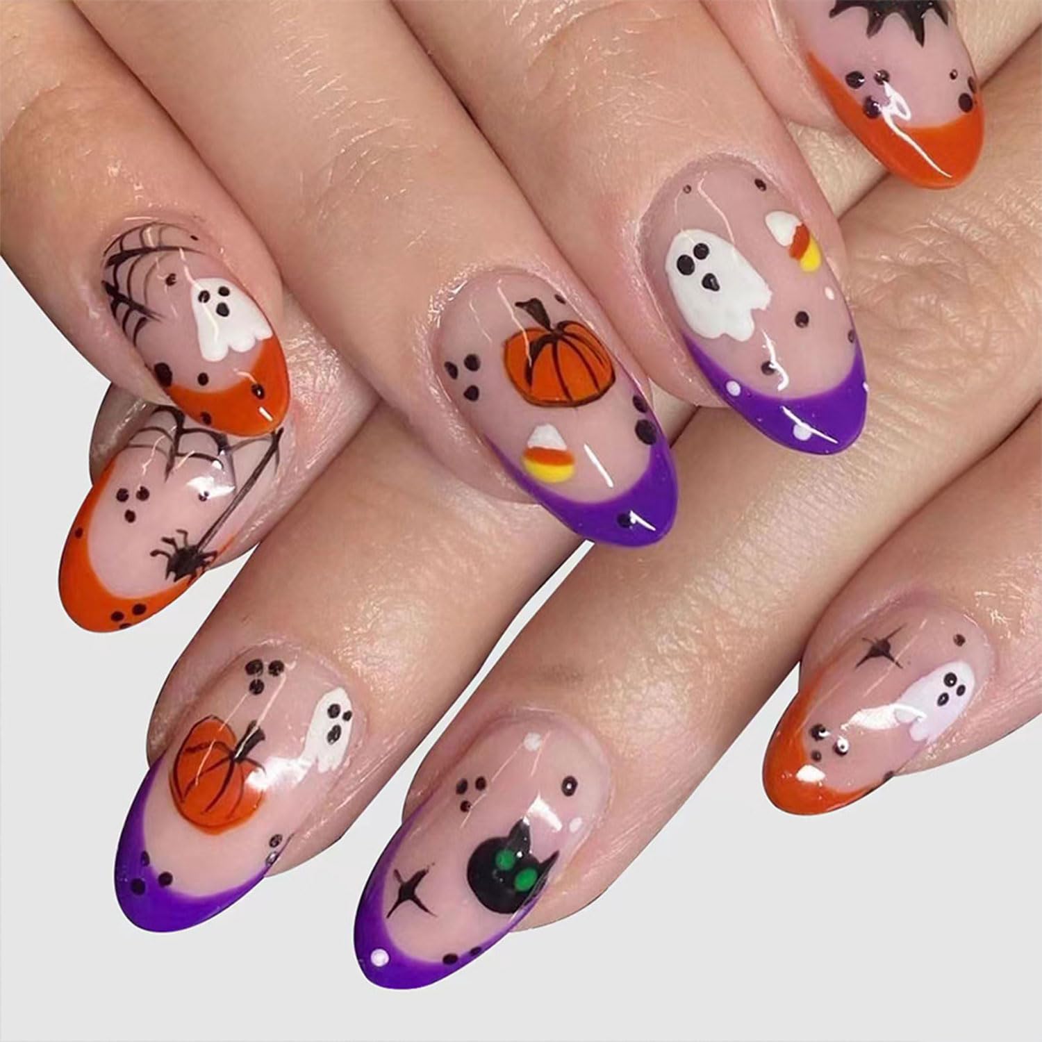 Photo 1 of 24Pcs Halloween Press on Nails Short Almond Fake Nails French Tip Nails Press Ons Full Cover Acrylic False Nails with Ghost Pumpkin Spider Designs Glue on Nails for Women