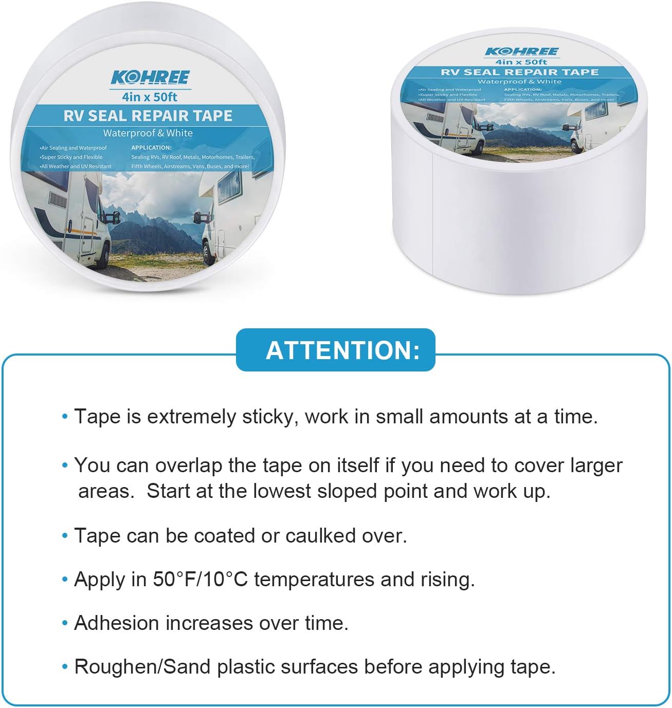 Kohree RV Sealant Tape, 4 Inch x 50 Foot RV White Roof Seal Tape UV & Weatherproof Sealant Roofing Tape for RV Repair, Window, Boat Sealing, Truck Stop Camper Roof Leaks: Automotive