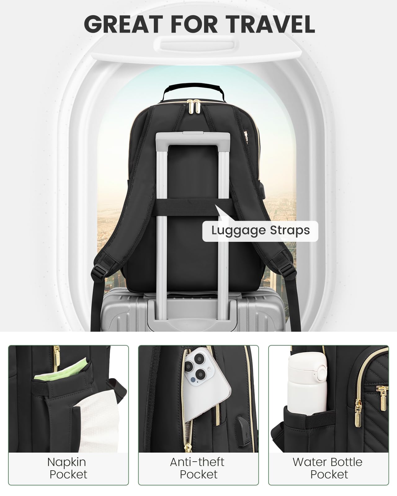 LOVEVOOK Laptop Backpack Purse for Women, Work Travel Computer Bags, College School Backpack for Student Girl, Quilted Casual Daypack with USB Port, Fit 15.6 Inch Laptop, Black