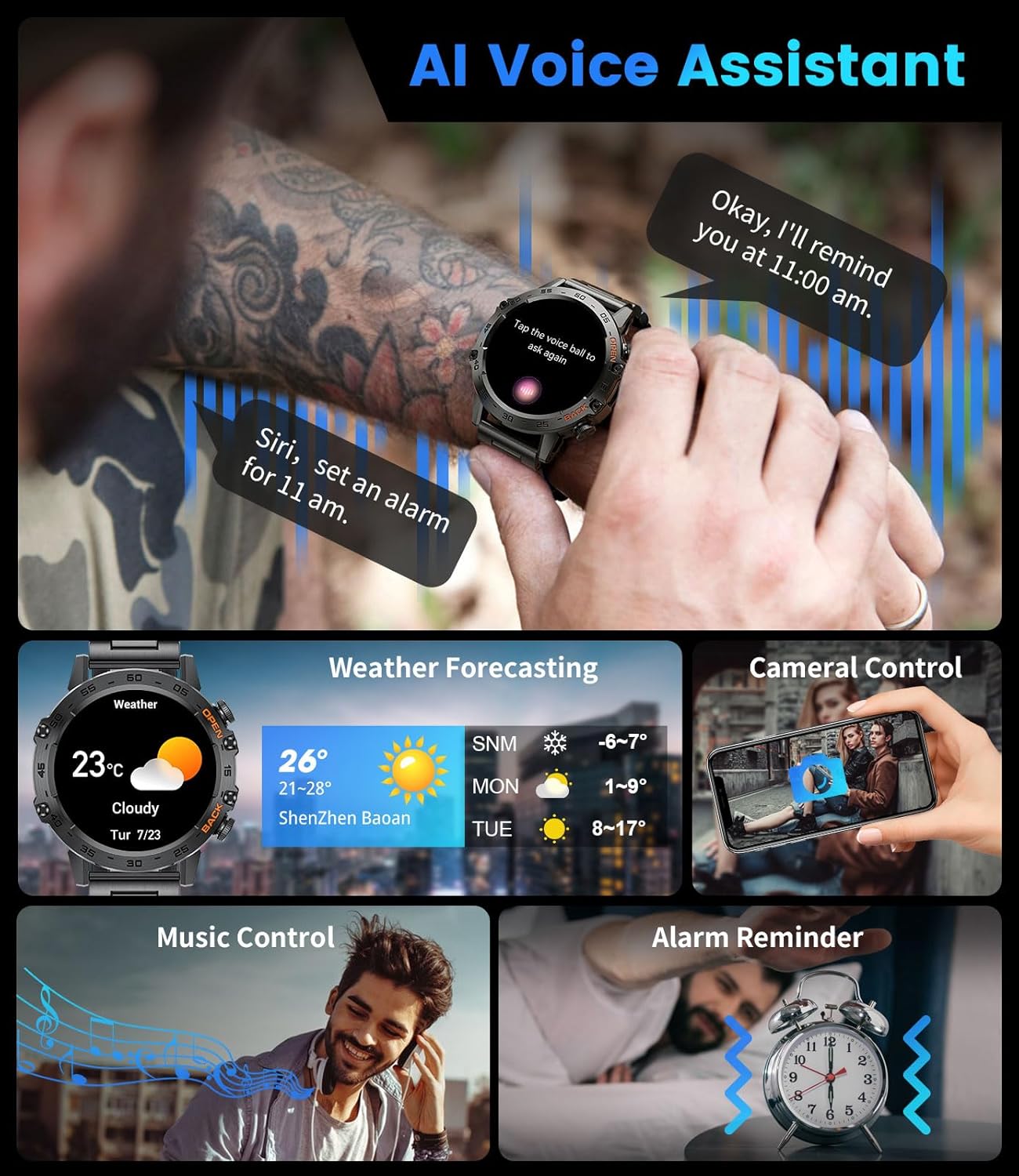 FOXBOX Smart Watch K-52 AI voice assistant, weather, camera control, music control, and alarm features