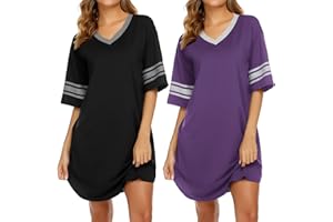 Ekouaer Nightgowns for Women 2 Pack Sleepshirts Short Sleeve Nightshirt V Neck Sleepwear Casual Pajama Dress