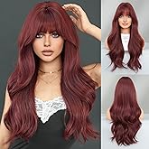 TRUMOST Long Wavy Wine Red Wig with Bang 28 Inch Burgundy Hair Synthetic Heat Resistant Wig Natural Maroon Dark Red Hair Heat Resistant Wigs for Women Daily Party Use