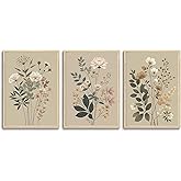 CHMMART 3 Piece Botanical Floral Framed Wall Art Vintage Flower Canvas Art Prints Wildflower Pictures Wall Decor Nature Painting Artwork for Living Room Bedroom Bathroom 12x16in