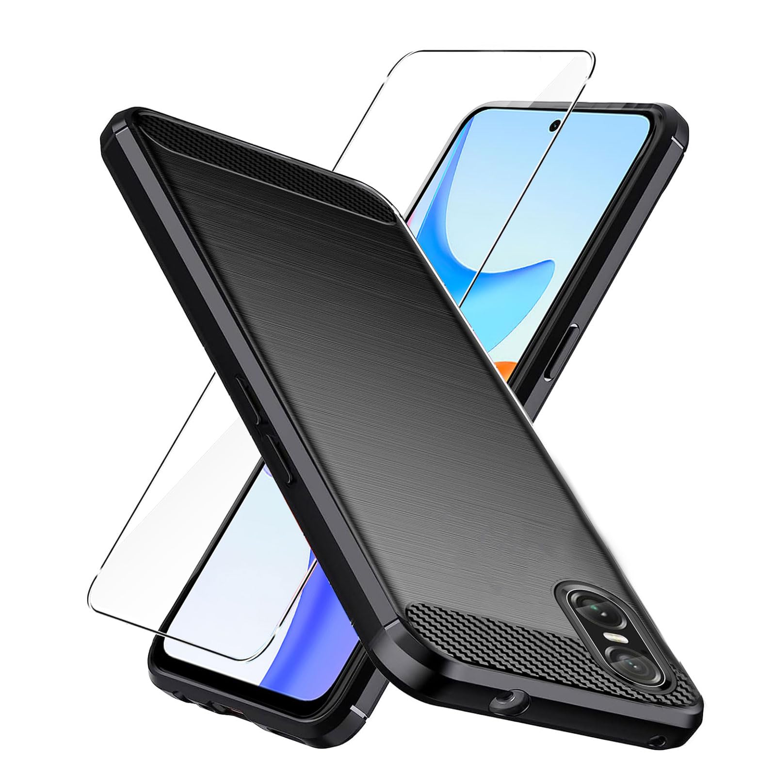 LYZXMY Protective Film for Sony Xperia 10 VI Case black Carbon Fiber + 1 x Tempered Glass - Soft Cover Carbon Fibers Skin Phone Shell for Sony Xperia 10 VI (6.1") — image 1