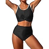 ZAFUL Modest Bathing Suit for Women 2 Piece Bikini High Waisted Swimsuit Tummy Control Bikini Sets Twist Front Push Up Swim Suit Ruched Swimwear Cute Retro Vintage Beach Vacation Wear Teen Black XL