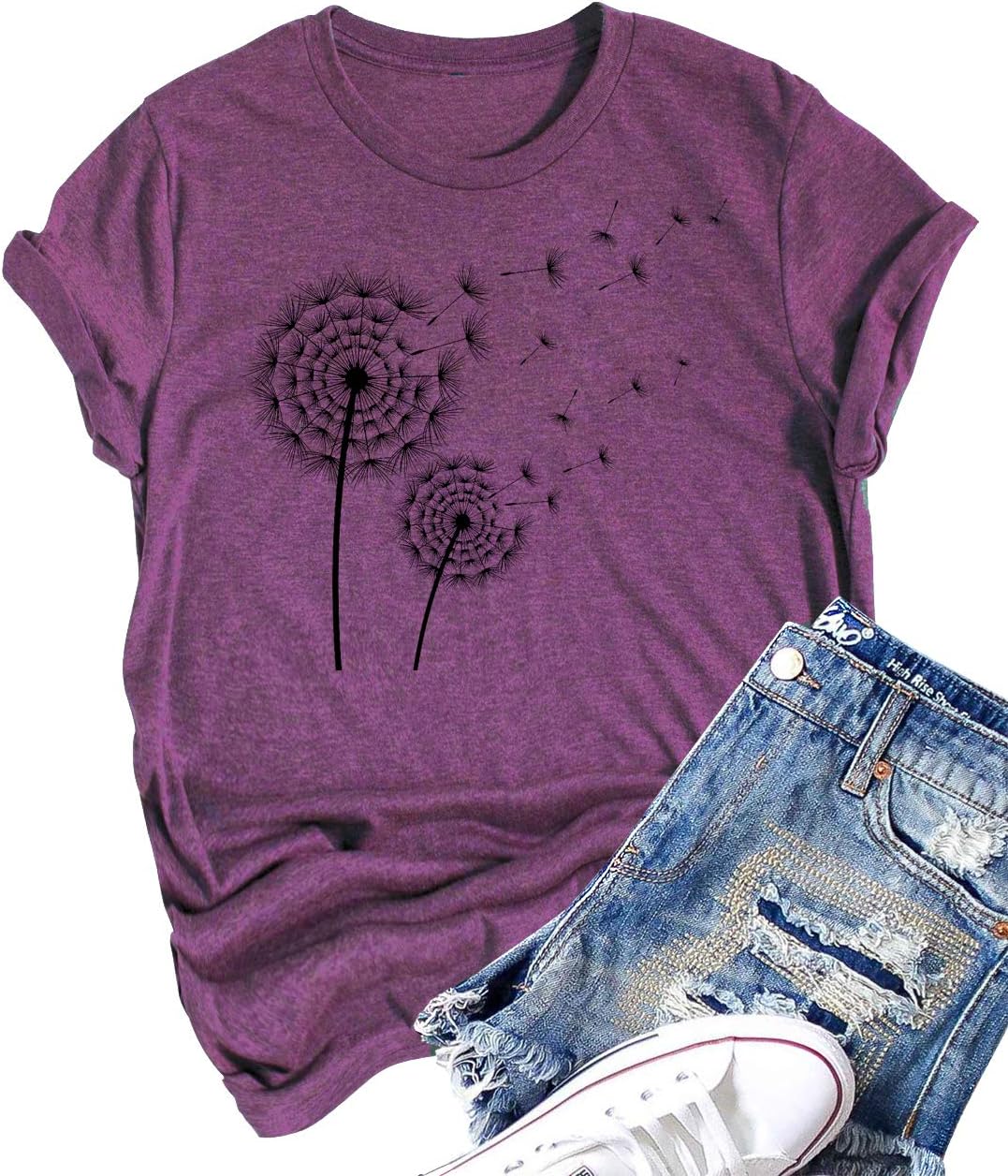 Graphic T Shirt for Women Cute Dandelion Make a Wish Vintage Tees Funny Summer Short Sleeve O Neck Blouse Tops