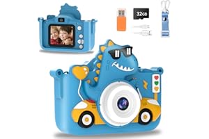 Kids Digital Camera, 1080P HD Video Camera for Toddlers with 32GB SD Card, Dinosaur Protective Case, Card Reader, Fun Selfie 